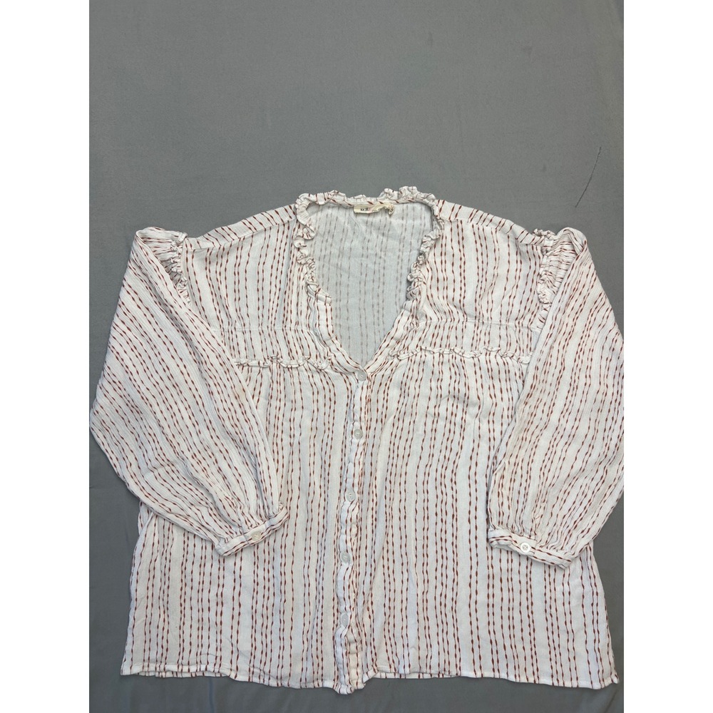 Millibon USA Womens Large White Rust Striped Ruffle V-Neck Rayon Blouse IT30744
